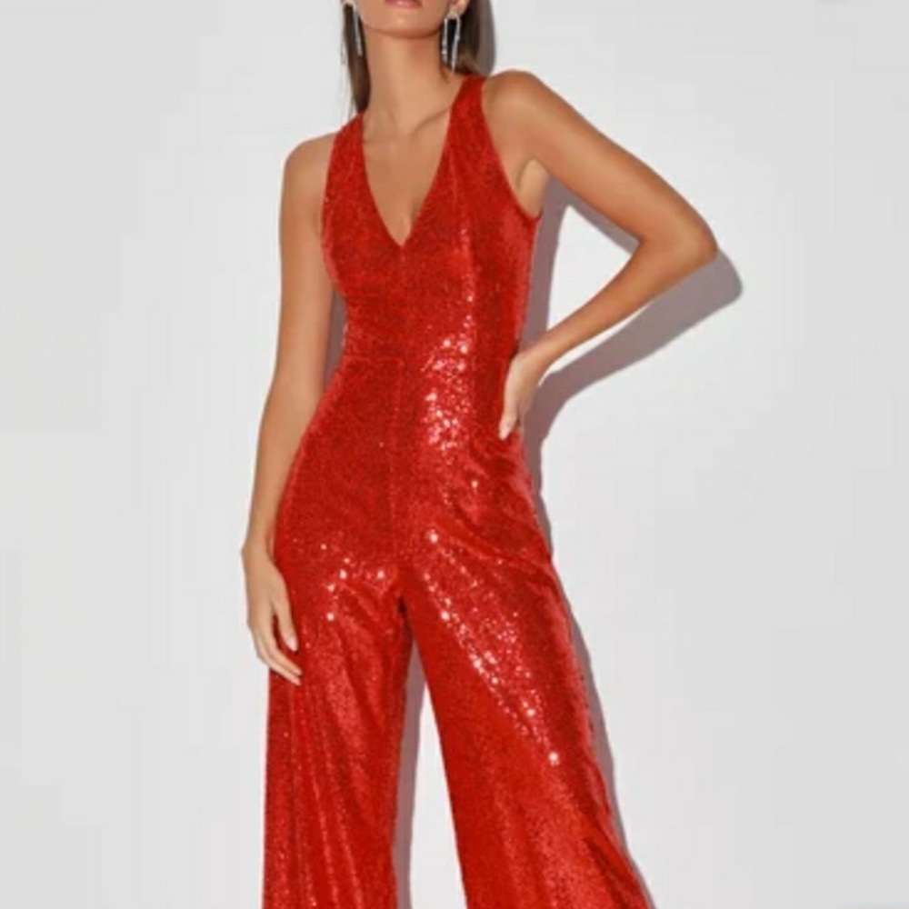 Lulu's Red Sequin V-Neck Wide-Leg Jumpsuit